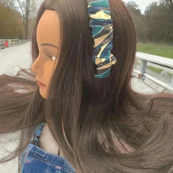 Artisan Handcrafted Geometric Multi-Color Scrunchy Headband Crown Hair Accessory - Picture 8 of 9